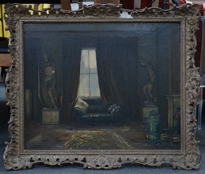 Hobson (School of Yves), oil on canvas, Interior study, signed, label verso, 48 x 60cm, ornately framed. Condition - some paint chips